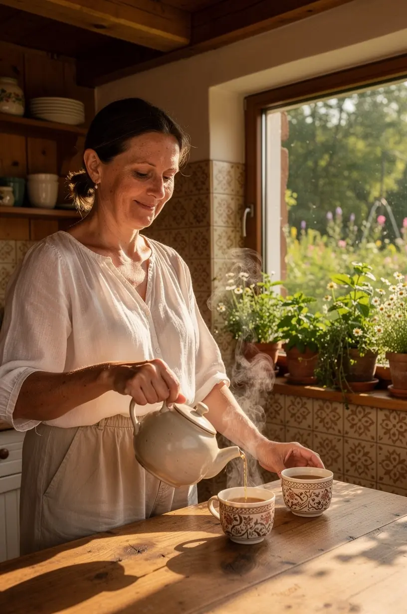 Arbatos puodelis su žolelių užpilu ant medinio stalo, šalia atversta knyga apie sveikatą