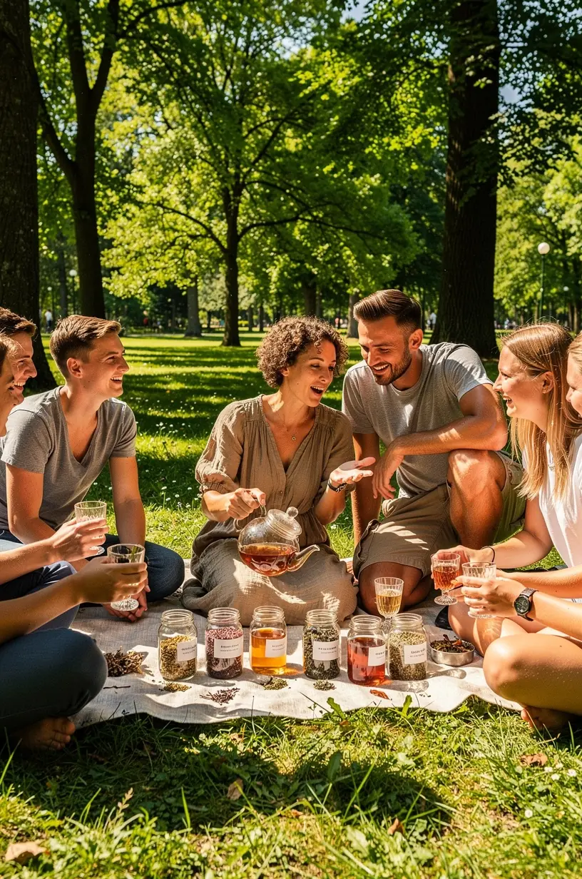 Rankos, laikantys šiltą žolelių arbatą, fone ramus namų interjeras su žaliomis augalų detalėmis