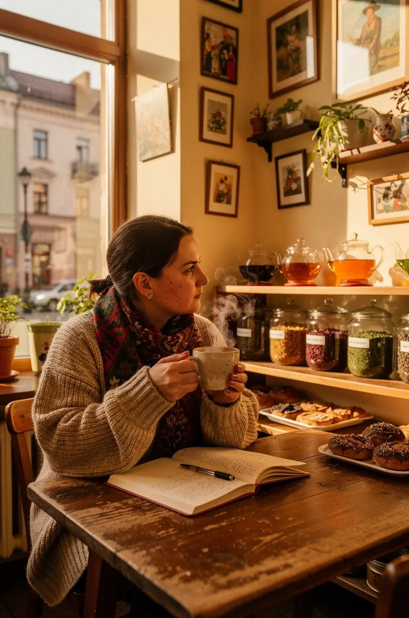 Moteris ramiai mėgaujasi žolelių arbata prie lango, aplink ją subtilios meditacijos ir atsipalaidavimo priemonės