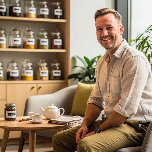 Švelniai garuojantis žolelių arbatos puodelis ant medinio stalo su šviežių žolelių šakelėmis šalia.