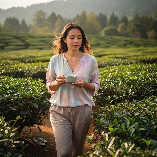 Moteris ramiai sėdi prie lango, laikydama šiltą žolelių arbatos puodelį, mėgaudamasi kasdieniu ritualu.