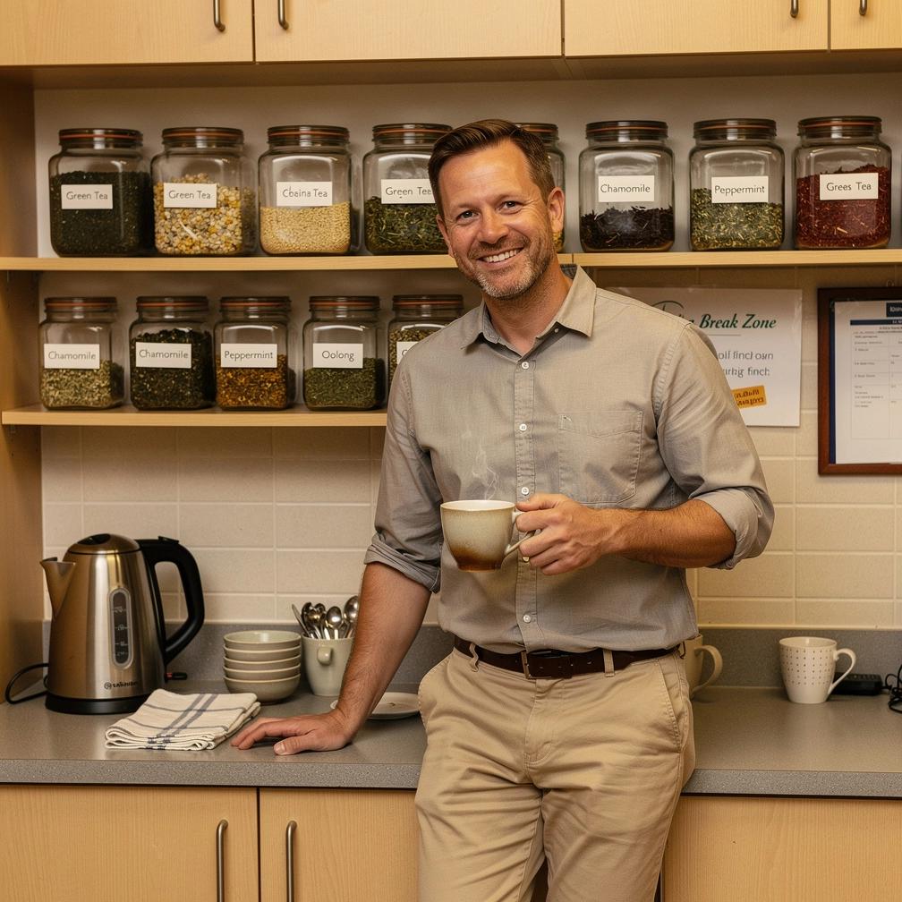 Minimalistinė arbatos dėžutė su įvairių rūšių žolelių arbata, pabrėžianti kasdienės sveikatos palaikymo ritualą.